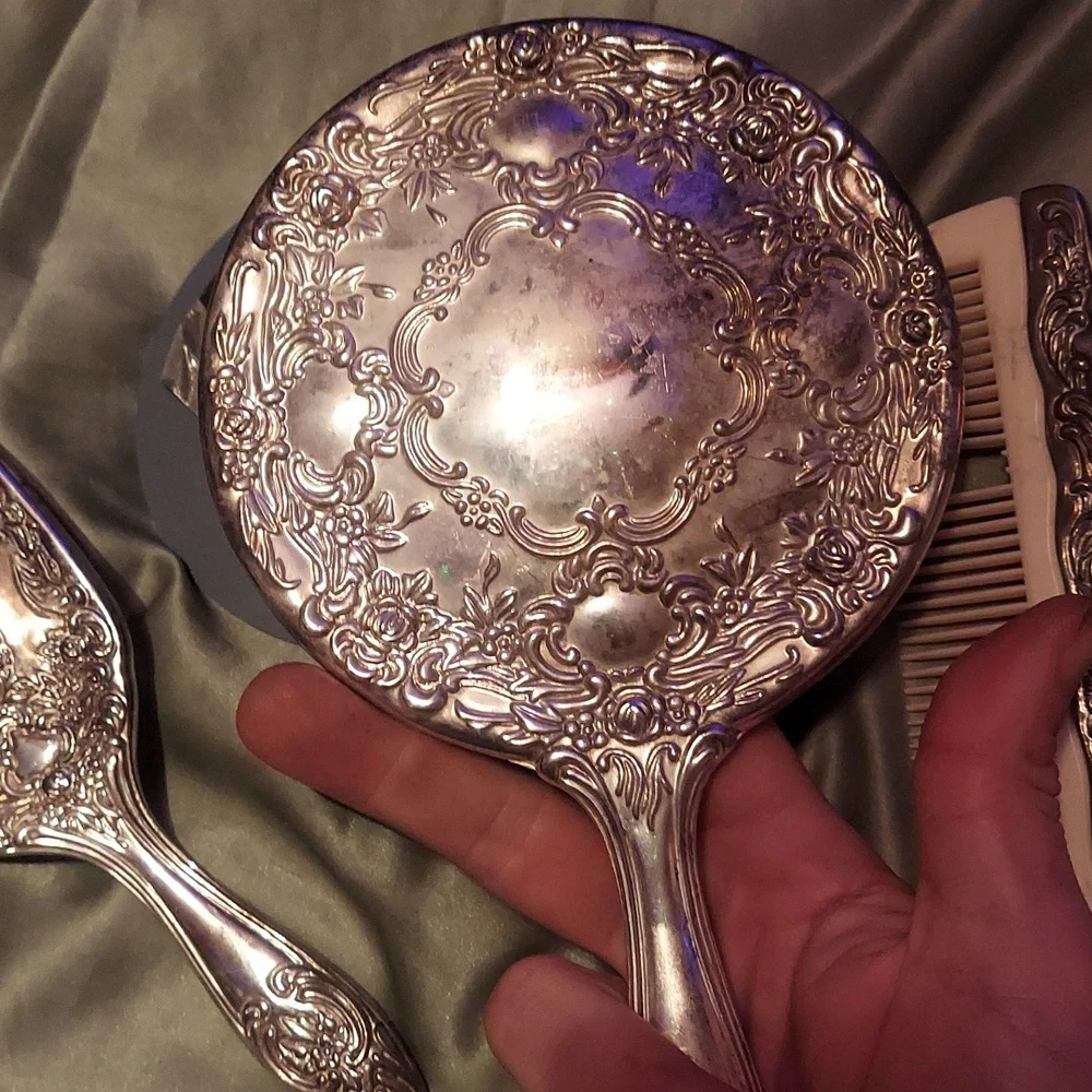 Unmarked Silver Plate / .925?! Antique Beauty Kit. Mcm Mirror Comb And Brush
